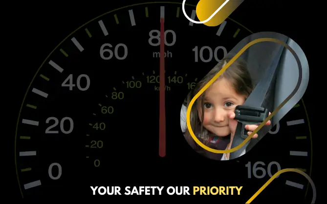 safety indicating with speedometer and baby shows seat belt buckle
