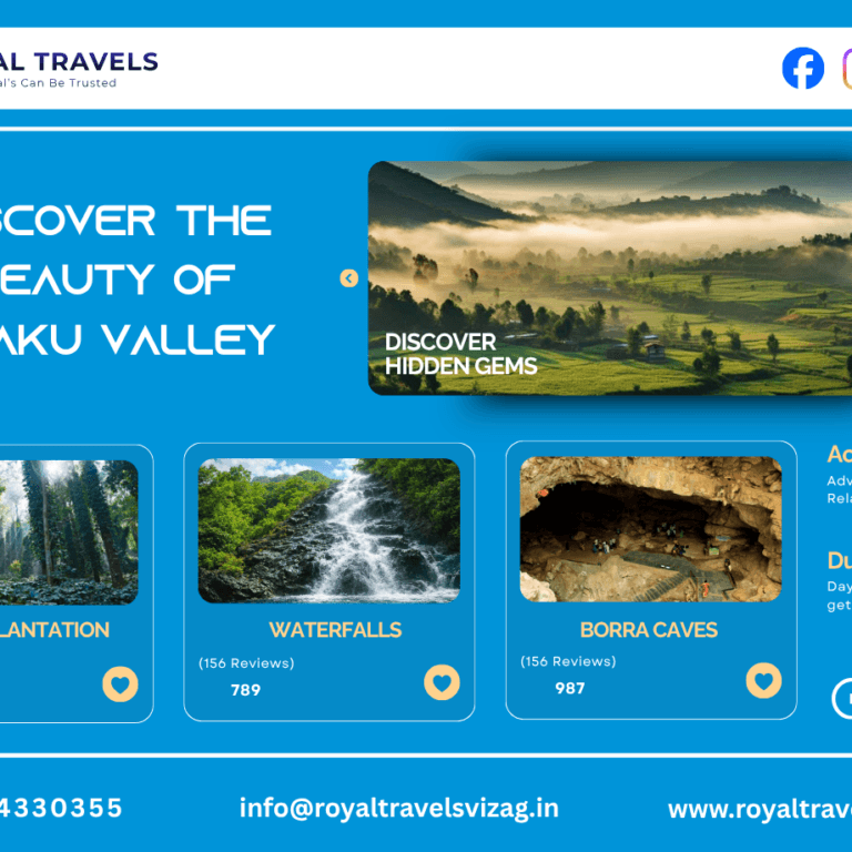 Royal Travels promotional banner for Araku Valley featuring lush green hills, tagline “Discover the Beauty of Araku Valley,” highlights of coffee plantations, waterfalls, and Borra Caves, with booking details and contact information.