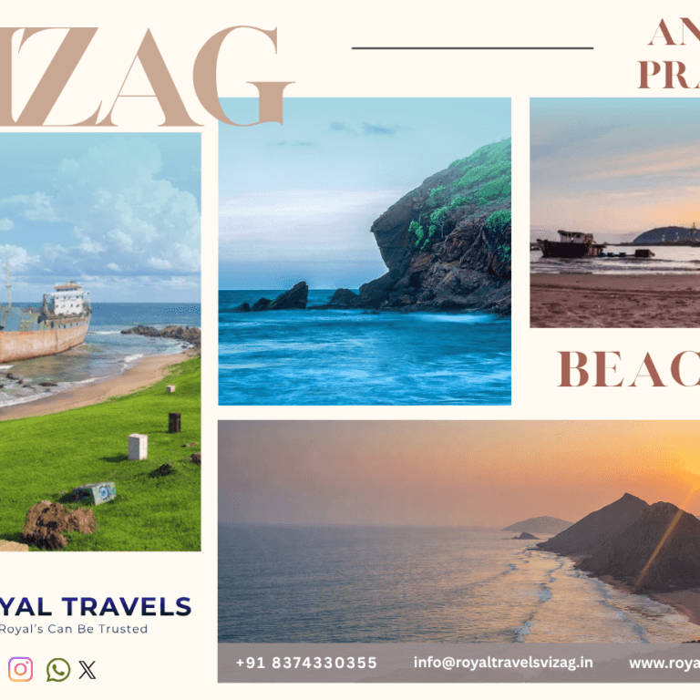 Royal Travels poster promoting Vizag beaches in Andhra Pradesh, featuring scenic coastal photos of ships, cliffs, sunsets, and waves, with contact details and tagline “Royal’s Can Be Trusted.”