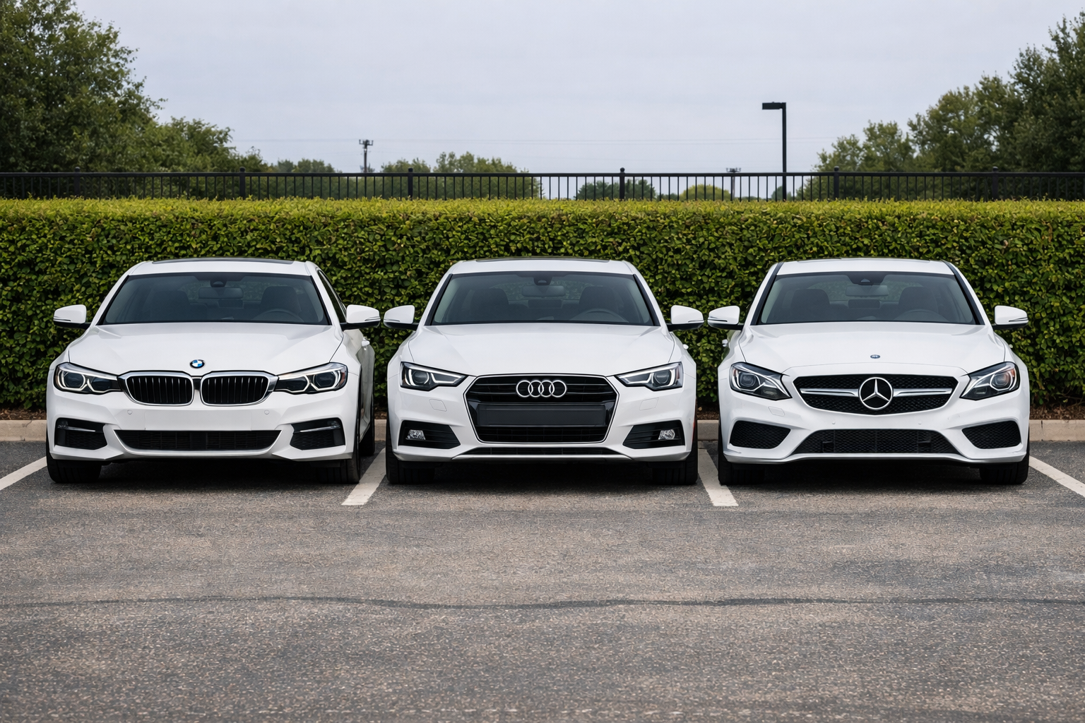 BMW, Audi, Benz cars in parking