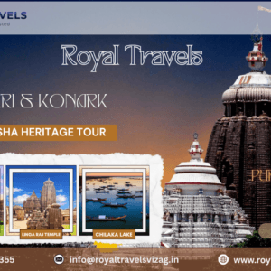 Puri Jagannath Temple, Konark Sun Temple and beach views displayed in Odisha Heritage Tour travel poster