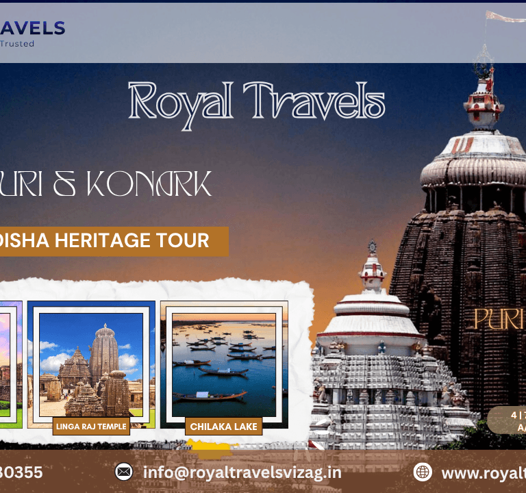 Puri Jagannath Temple, Konark Sun Temple and beach views displayed in Odisha Heritage Tour travel poster